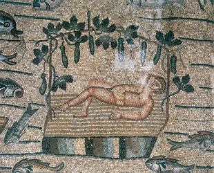 Profeet Jona in rust, detail van de vloer van de vroegchristelijke basiliek van Aquileia, Udine